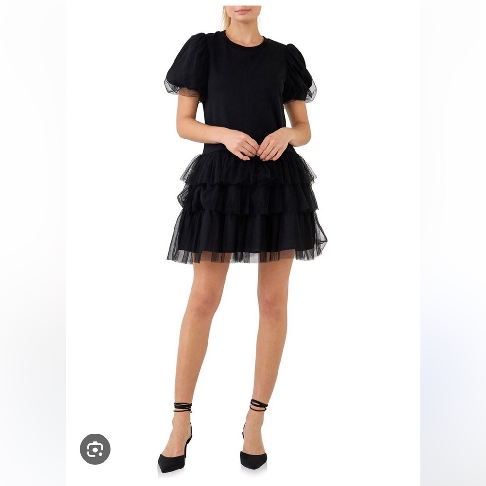 English Factory Black Ruffled Tulle Mini Dress. Size S